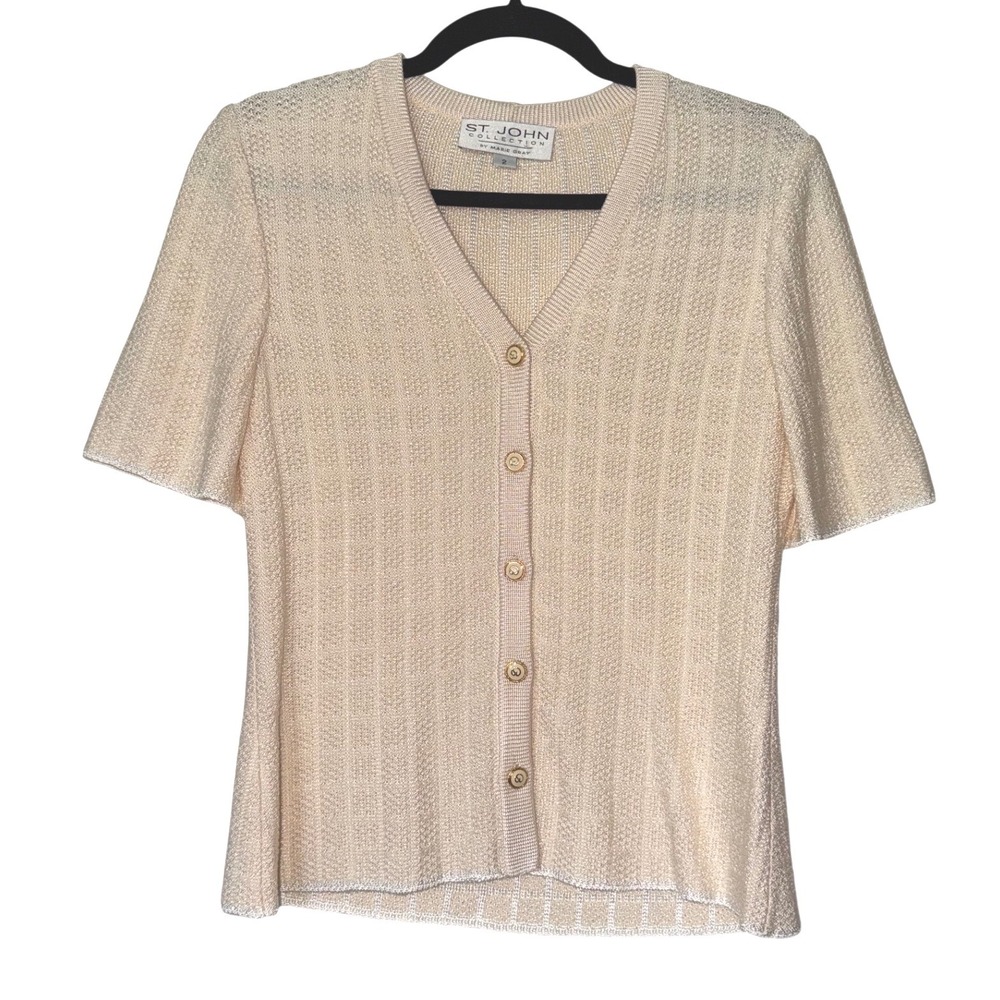 St John Collection Marie Gray Cream Metallic Knit Short Sleeve Cardigan Size 2
